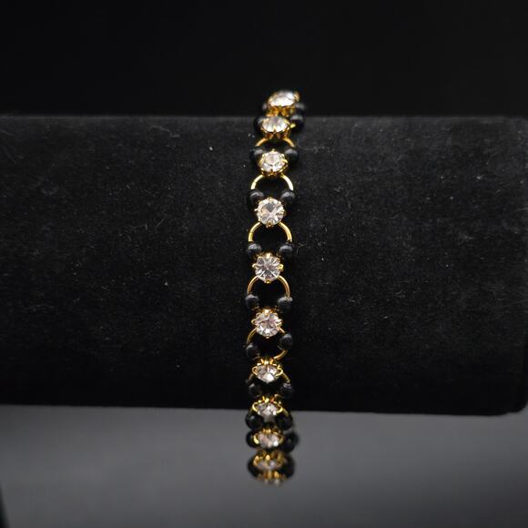 Rhinestone Black Beaded Bracelet Gold Tone Links Petite Dainty - Picture 7 of 8